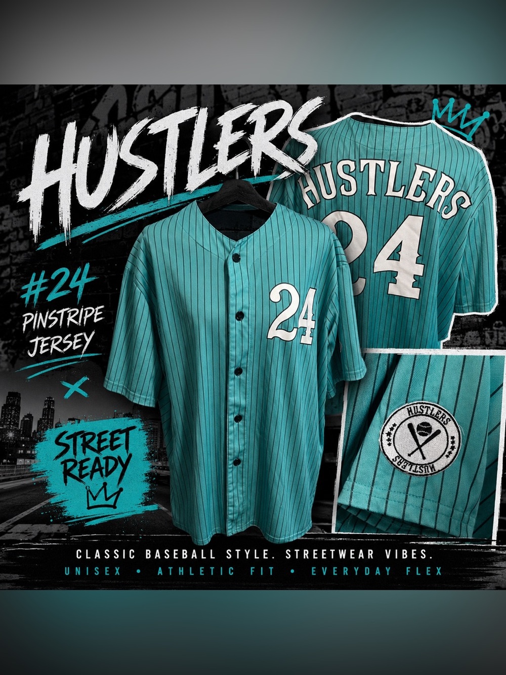 Hustlers #24 Teal Pinstripe Baseball Jersey Button Front Athletic Shirt Size XL